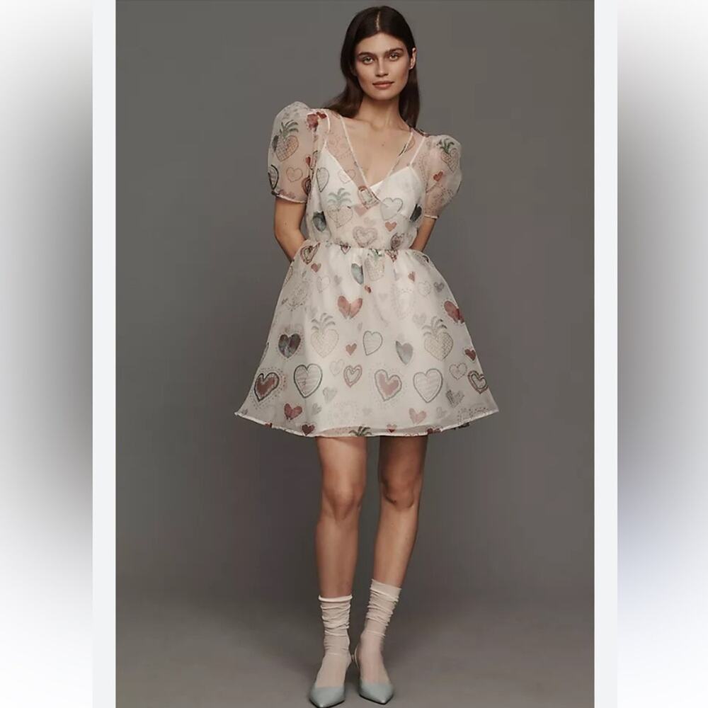 FARM Rio Sheer Puff-Sleeve Dress Printed Hearts Size Large NWT
